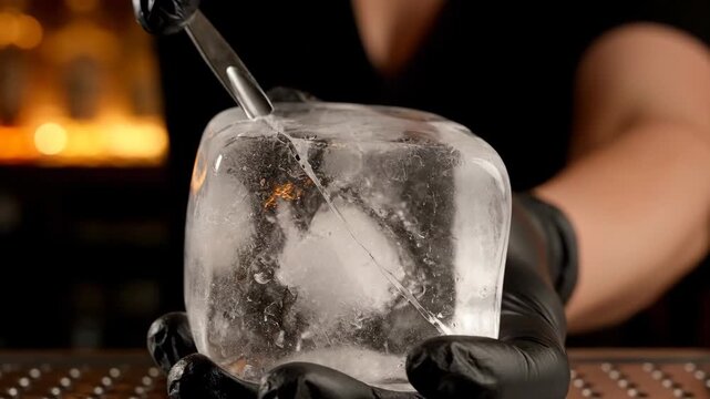 Bartender with black gloves preparing ice for a drink while blurred warm lights glow behind