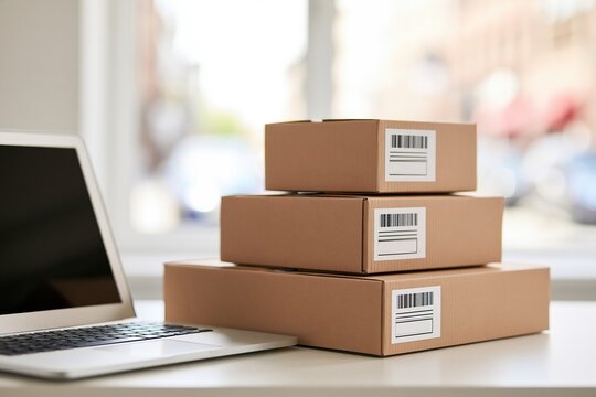 Stacked cardboard boxes with shipping labels beside laptop