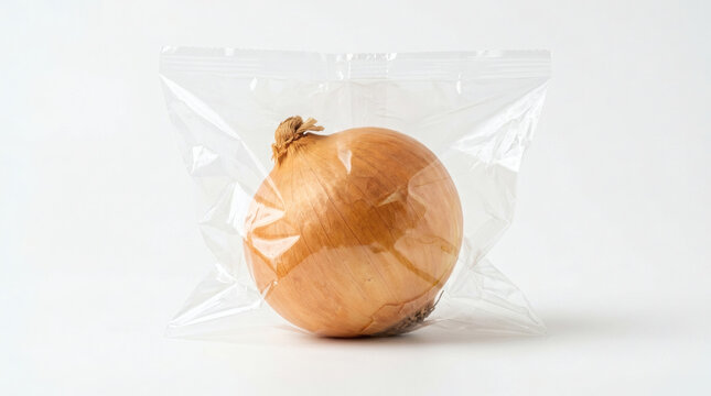 A single fresh brown onion inside a clear plastic bag on a white background.