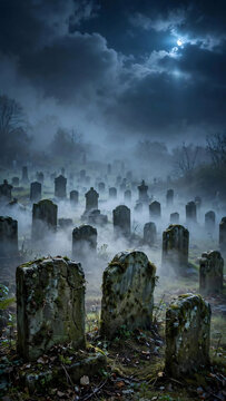 Foggy Abandoned Cemetery at Night with Moonlight Halloween Background