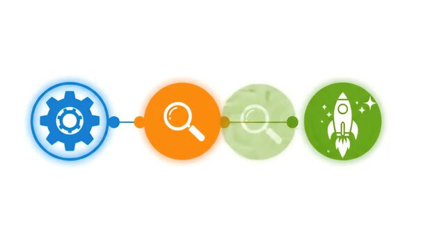 conceptual workflow infographic showing gear and magnifying glass icons connected by lines on clean white background symbolizing progress data analysis and technical process optimization