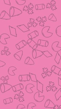 Pink geometric pattern with cylinders, pacman figures, and clover icons on a background. Ideal for designs needing a fun, quirky touch.