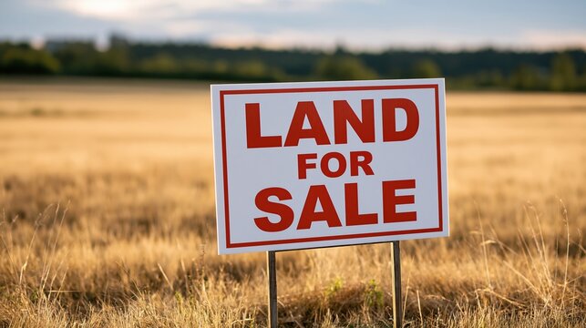 Land for sale sign in dry grass field