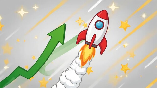 cartoon rocket ship launching upward beside rising green arrow graph in space surrounded by bright yellow twinkling stars on grey background representing rapid financial growth and success