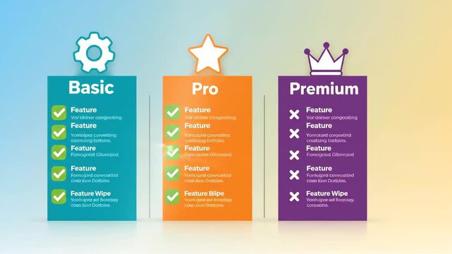 Three vertical color blocks showing subscription pricing plans with gear star and crown icons against soft gradient background representing digital service tier comparison interface