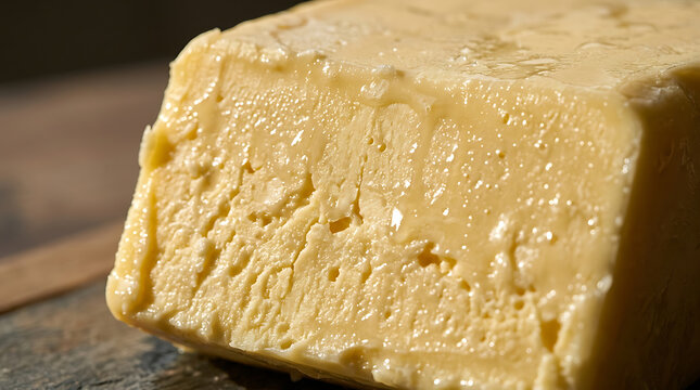 Close-up texture of aged cheddar cheese block with rich yellow color and oily sheen