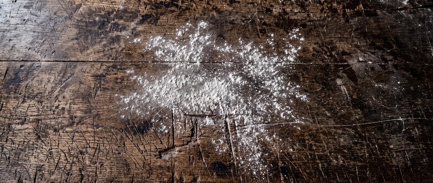A close-up view of white flour generously scattered across a dark rustic wooden table, creating a textured surface ideal for baking preparation