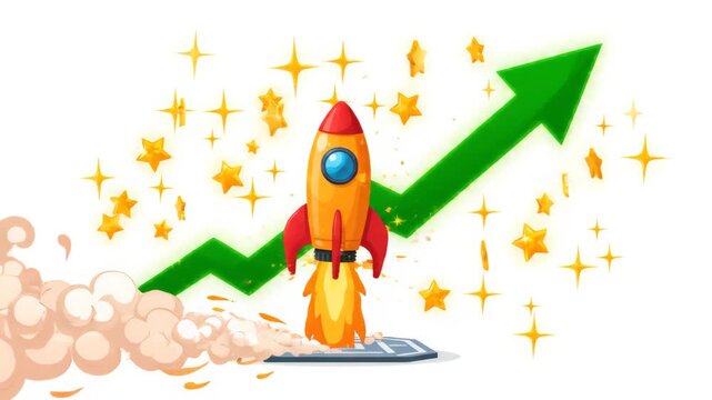 vibrant orange rocket launching into the sky surrounded by sparkling stars and clouds while bold green arrow points upwards in the background to symbolize business growth and success