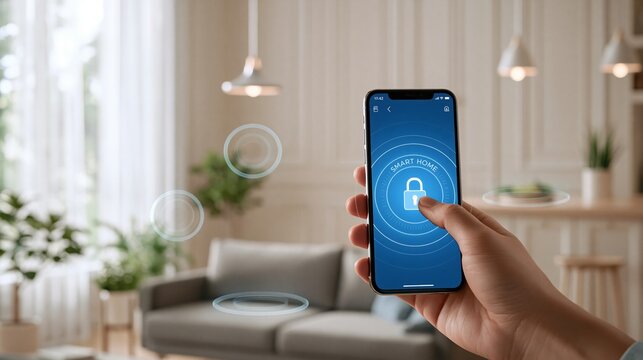 Hand using smartphone app for smart home security