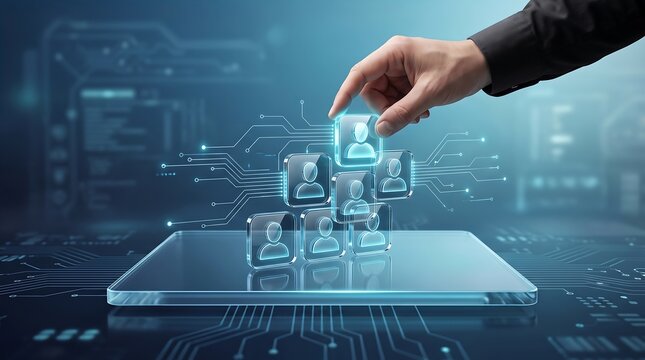 Business executive hand placing glowing user profile icon on digital circuit board surface representing human resources management and employee talent acquisition strategy