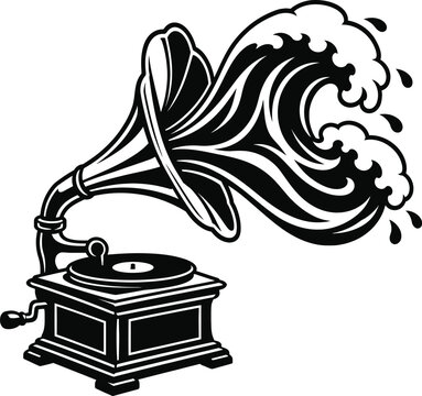 Vintage Gramophone Playing Ocean Wave Music Silhouette   