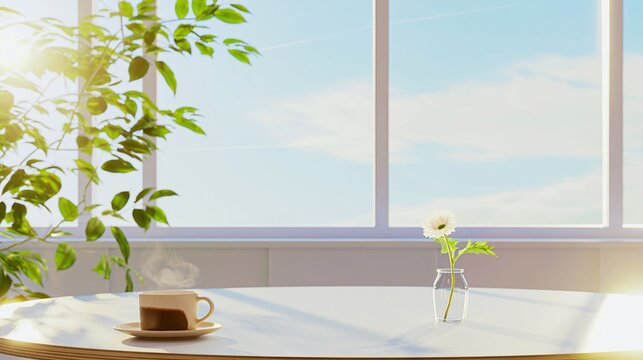 Peaceful morning scene with coffee and flower by