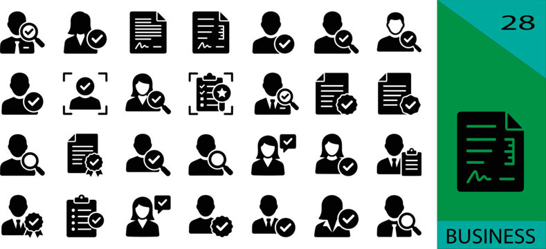 Set of 28 black business verification icons check approval audit document editable vector illustration corporate management quality compliance review assurance