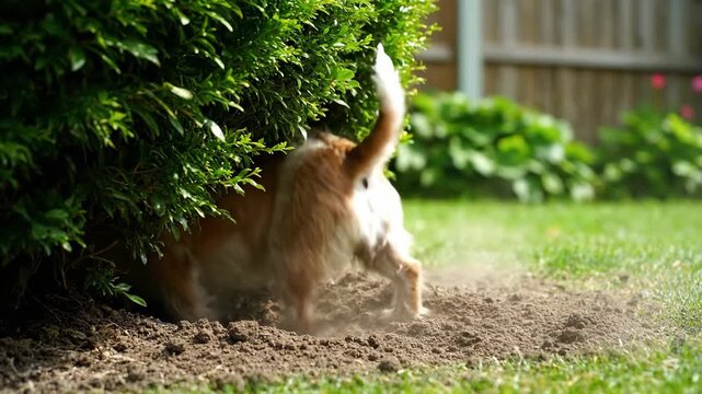 A fluffy dog digging in the garden with excitement while enjoying a sunny day outdoors