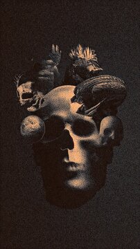 Dark death gothic surreal maximalism psyche wallpaper illustration background elements.