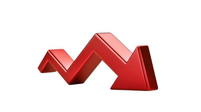 Red arrow pointing downwards in a jagged zigzag pattern symbolizing economic decline or financial loss on a transparent background.