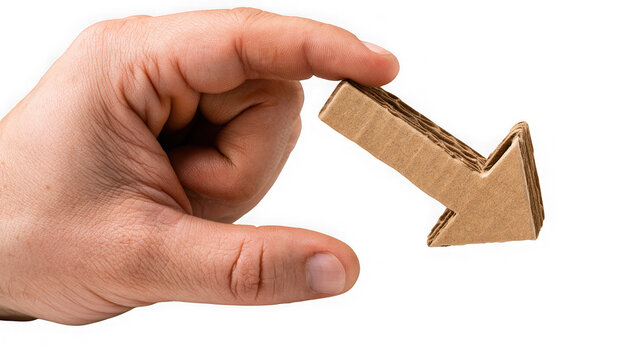 Hand pinching a brown cardboard arrow pointing downwards to symbolize a decrease, negative trend, or economic downturn.