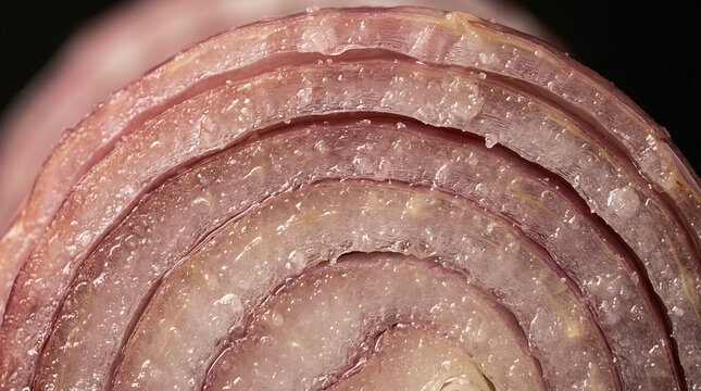 Close-up macro shot of red onion slices, texture detail, fresh vegetable