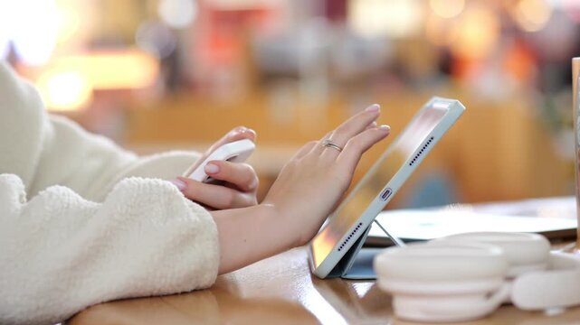 Close-up of hands using a tablet on a wooden table. Warm, blurred cafe background with soft lighting. White earphones and cup visible nearby. Fingers interact with touchscreen