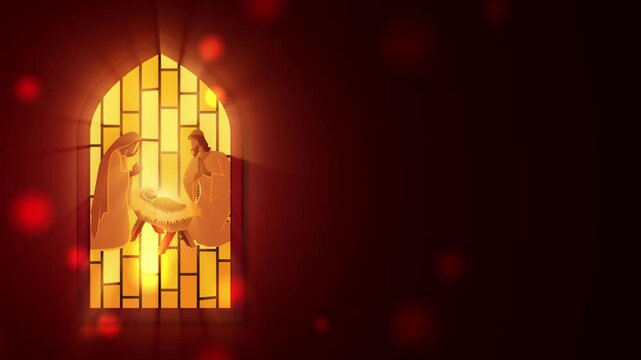 Christmas Nativity motion background of Mary, Joseph and baby Jesus in a glowing stained glass window with dark red copy space.