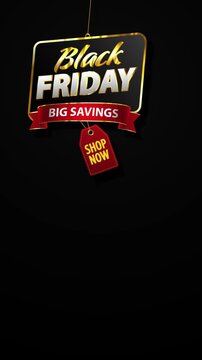 Luxurious vertical Black Friday sale motion background with a swinging golden sign, big savings tag, and large copy space for social media format.
