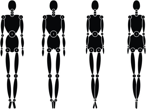 Four human pose mannequin figures technical anatomy reference vector illustration isolated on white background