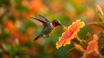 Fototapeta premium Ruby-throated hummingbird feeding on nectar from a vibrant orange hibiscus flower