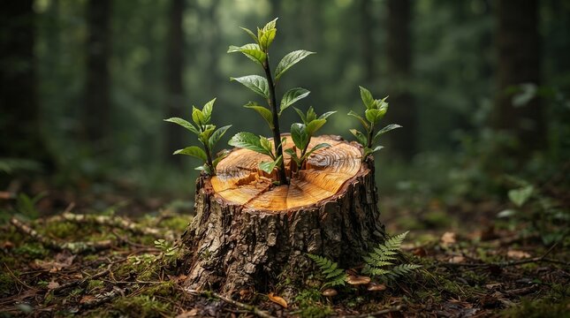 new green plant growing from old tree stump in forest