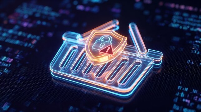 ecommerce warning shopping cart risk Digital shopping cart with security shield and lock icon representing safe online shopping