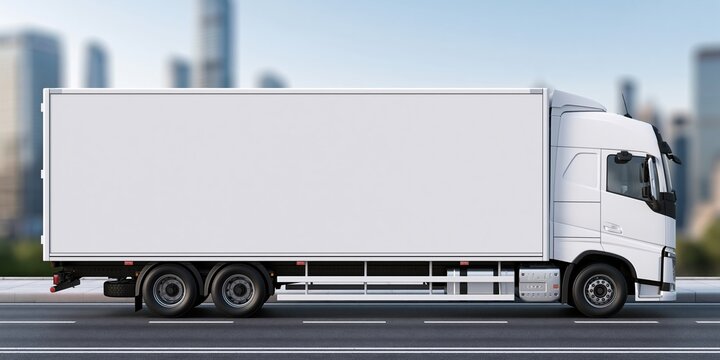 White delivery truck on city road with blurred