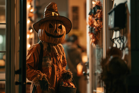 Pumpkin-Head Scarecrow on Halloween Night Holding Candy Basket Inside Decorated Home Entrance Ready for Trick or Treat