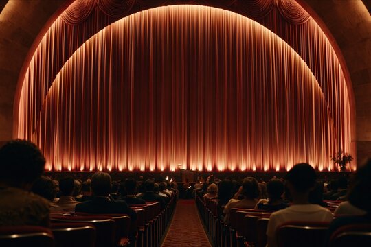 audience watching large red theater curtains