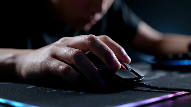 A person playing video games with a sweaty hand while intensely focusing on the screen with gaming peripherals nearby
