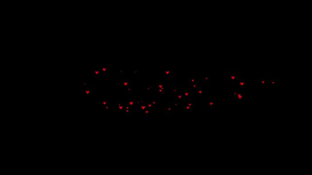 Blinking glitter heart shape particles with glowing particle trail, white glittering particle, magical love shape lights, romantic love trail motion, isolated black screen. 4k loop