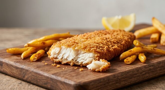 Crispy breaded fish fillet served with golden french fries and lemon on a rustic wooden board, perfect for food menus.