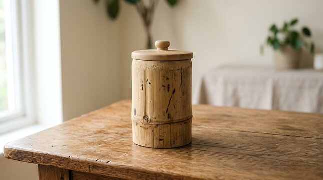 Bamboo storage jar with lid on a rustic wooden table for kitchen organization