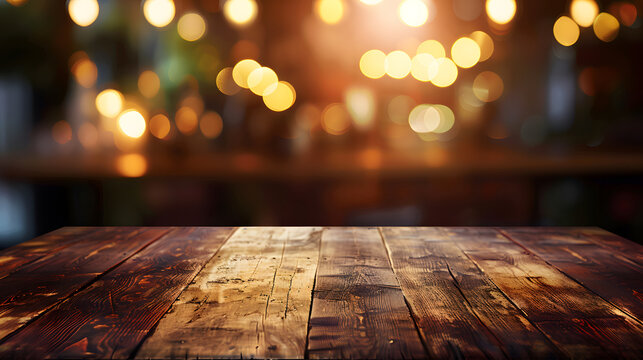 Rustic wooden table with blurred warm ambient lighting in background with displays grain texture soft background lights texture under empty wooden illumination woodenware