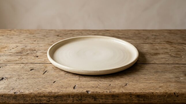 Empty ceramic plate on rustic wooden table for food presentation