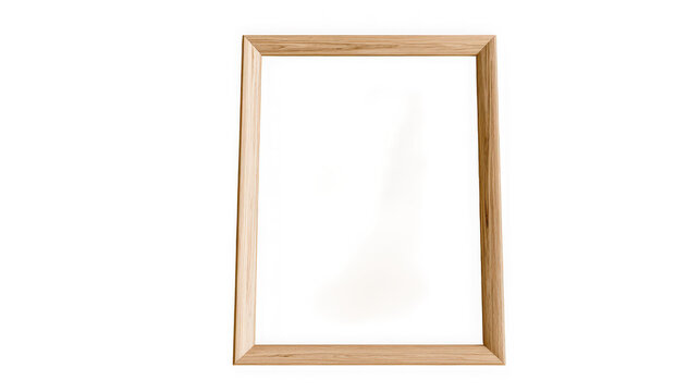 Wooden picture frame with a blank white copy space stands vertically against a clean transparent background, ready for art placement.