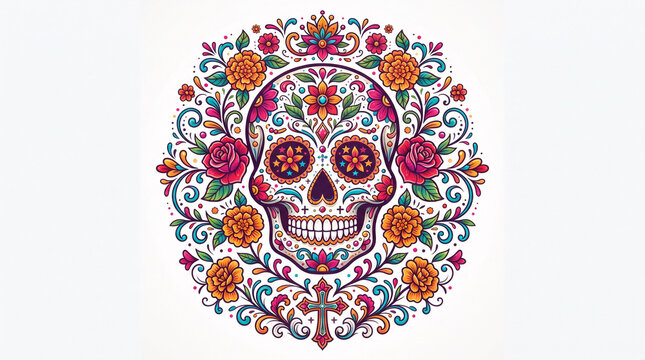 Vibrant sugar skull with floral decorations, Day of the Dead celebration
