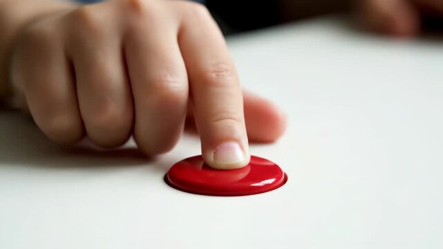 Child's finger pressing a red button with focus and anticipation while making a choice