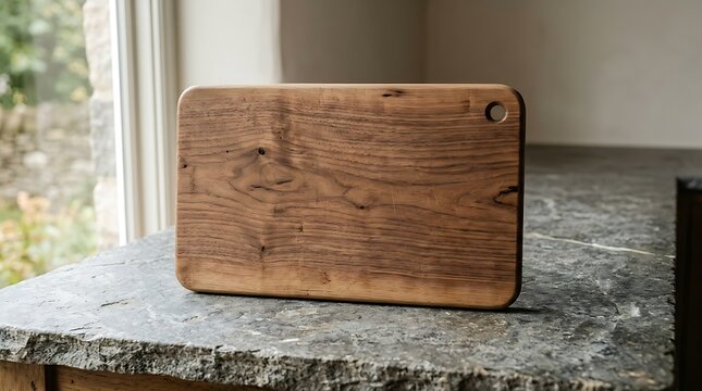 Rustic wooden cutting board standing on a dark marble kitchen countertop