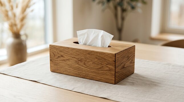 Wooden tissue box holder with white paper napkins on a dining table