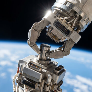 Astronaut robotic arm performing precision maintenance on international space station module with earth backdrop