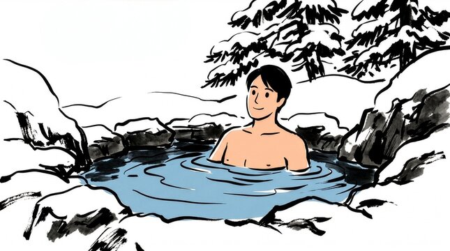 Pop art style illustration of a man relaxing in an outdoor hot spring