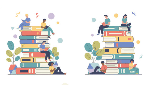 Group of young people reading books together, some sitting on top of giant book stacks in a flat design.