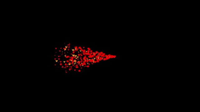 Red glitter path drawing love symbol, flying heart shape particle trail, romantic valentine dust line, fairy sparkle burst overlay, isolated black screen. 4k video animation loop