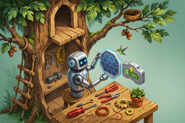 Fototapeta premium A small robot working on a solar panel at a wooden workbench inside a tree house with tools, a plant, and a hummingbird flying nearby