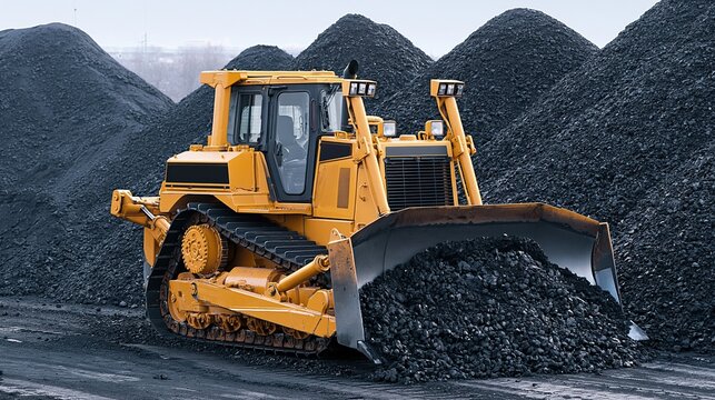 Yellow bulldozer pushing coal piles at mining site