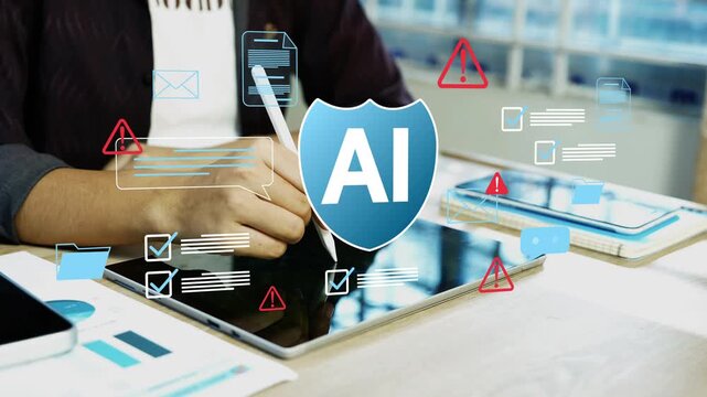 Holographic AI cybersecurity protection for business data, Business professional using a tablet with an AI security shield icon and floating alerts, documents, folders and checklists on modern office.